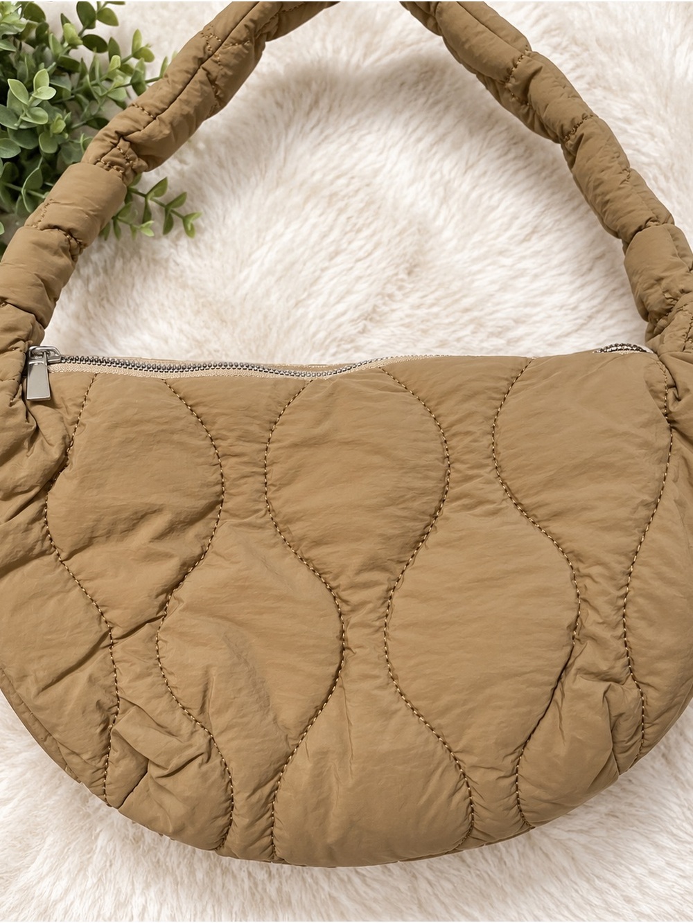 Tan Quilted Puffer Shoulder Bag Crescent Hobo Purse